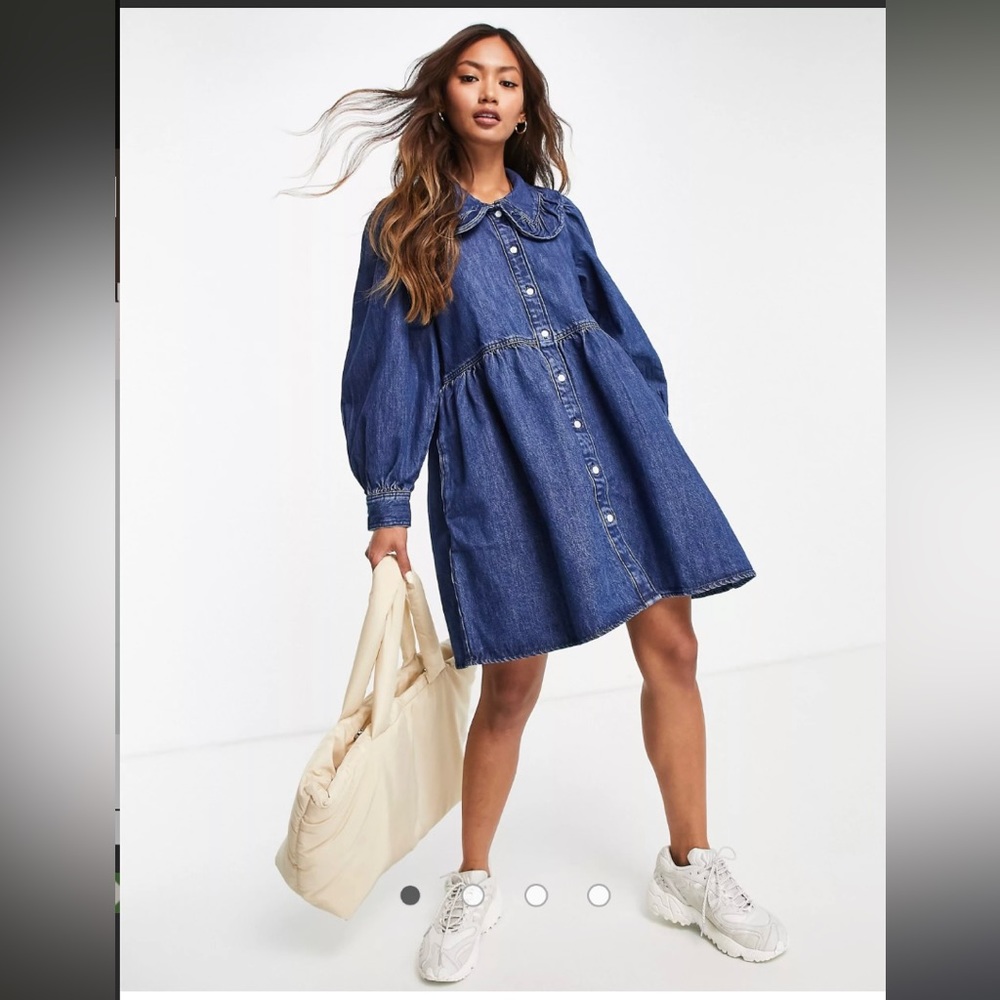 Levi's Frill Peter Pan Denim Button Down Jean Shirt Dress in Indigo Size…